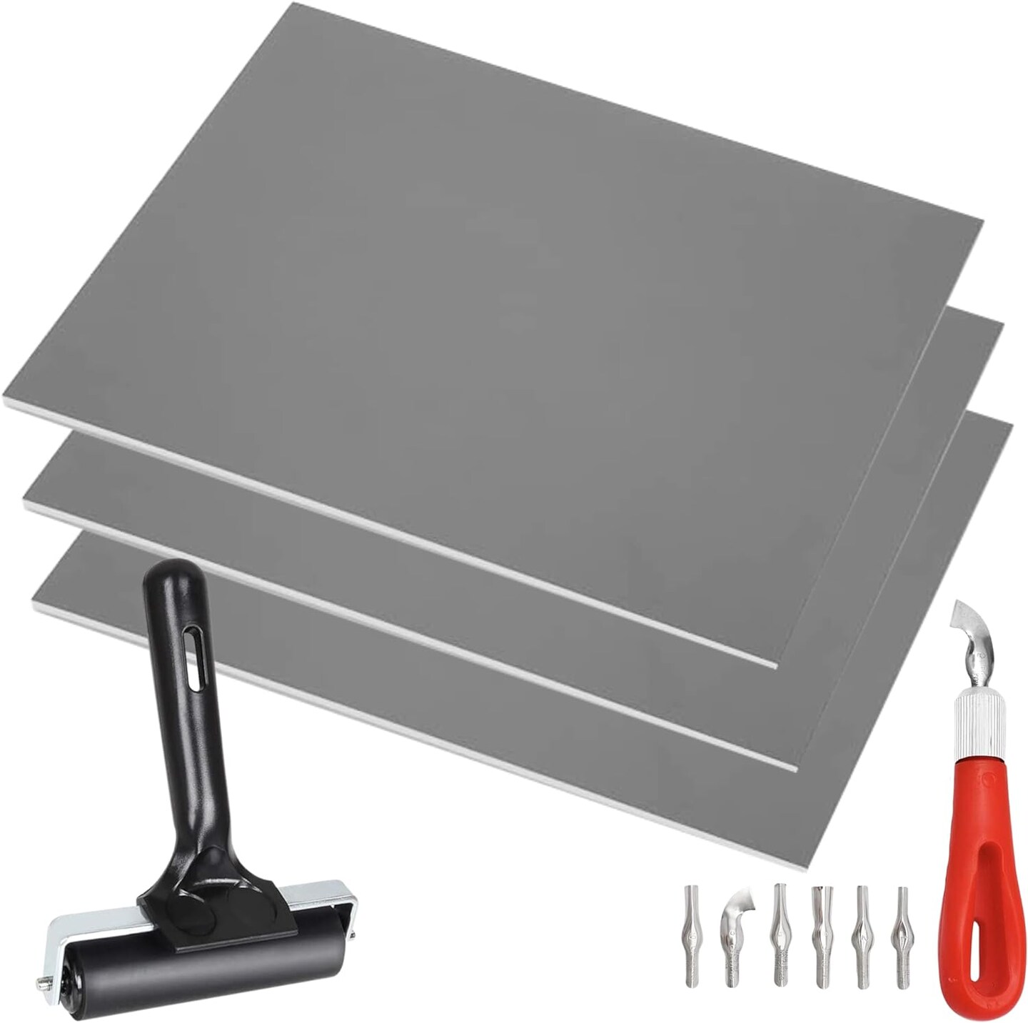 Pixiss Printmaking Supplies - Linoleum Blocks for Printmaking (3 Pack) 8"x10"x1/8" and Linocut Tools - Rubber Roller and Linocut Carving Tool for Block Printing Kit - Linoleum Stamp Making Kit