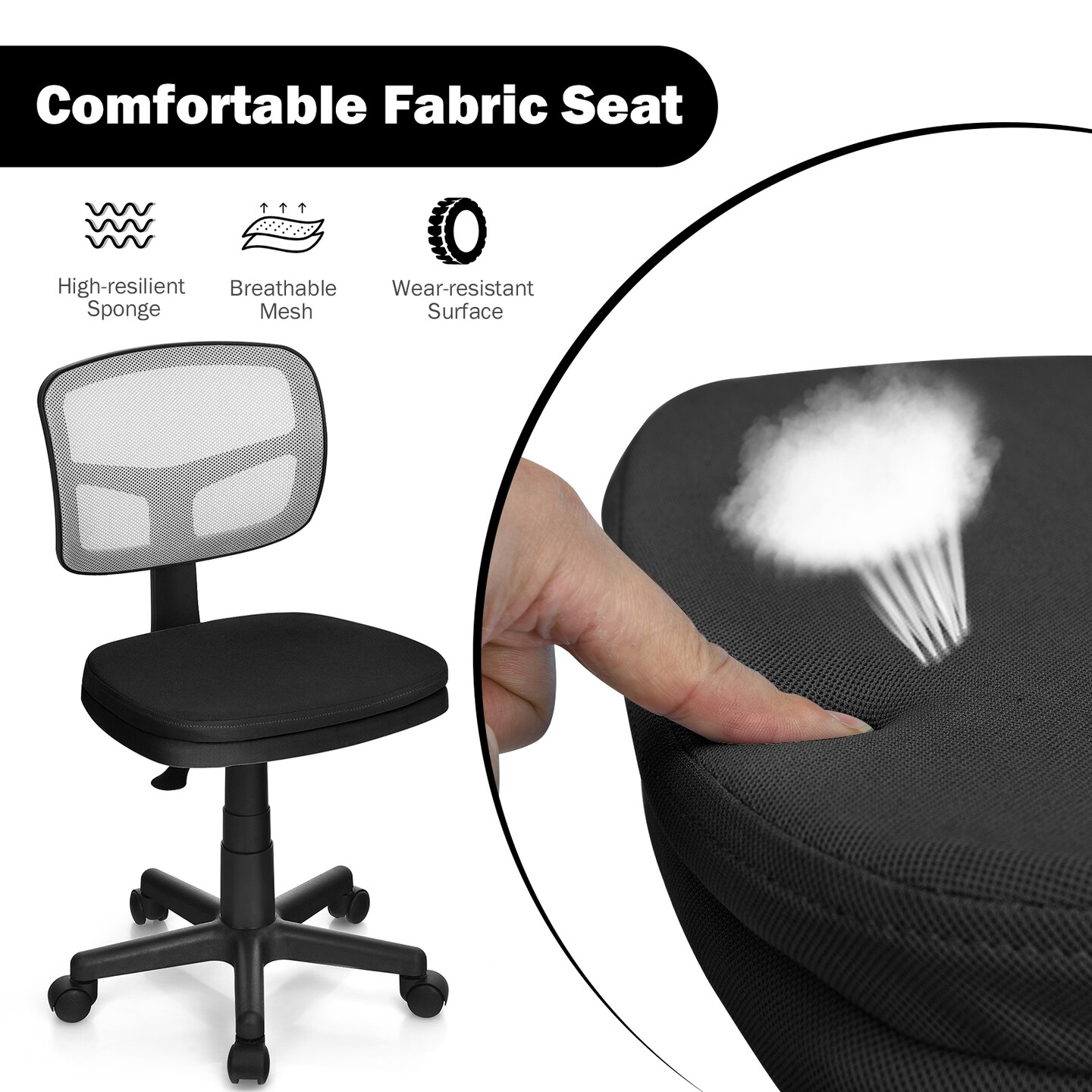 Armless Computer Chair with Height Adjustment and Curved Backrest Ideal for Home or Office Use