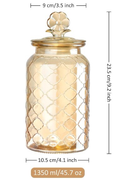 45 oz Amber Glass Storage Jar with Airtight Glass Lids,Vintage Embossed Glass Food Container,Vintage Embossed Glass Food Container,Decorative Kitchen Canister Organizer for Candy, Flour, Coffee Bean, Pet Treats