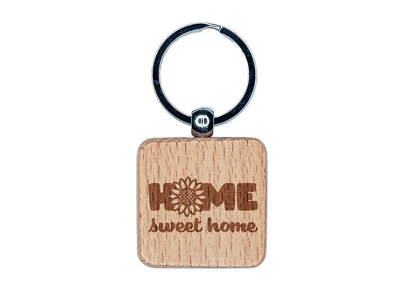 Home Sweet Home Cute Summer Sunflower Engraved Wood Square Keychain Tag Charm