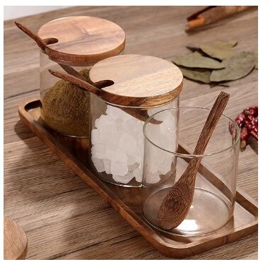 3 Pack Clear Glass Seasoning Jar with Wooden Lid and Spoon, Adorable Sugar Bowl Bath Salt Storage Container, Kitchen Pepper