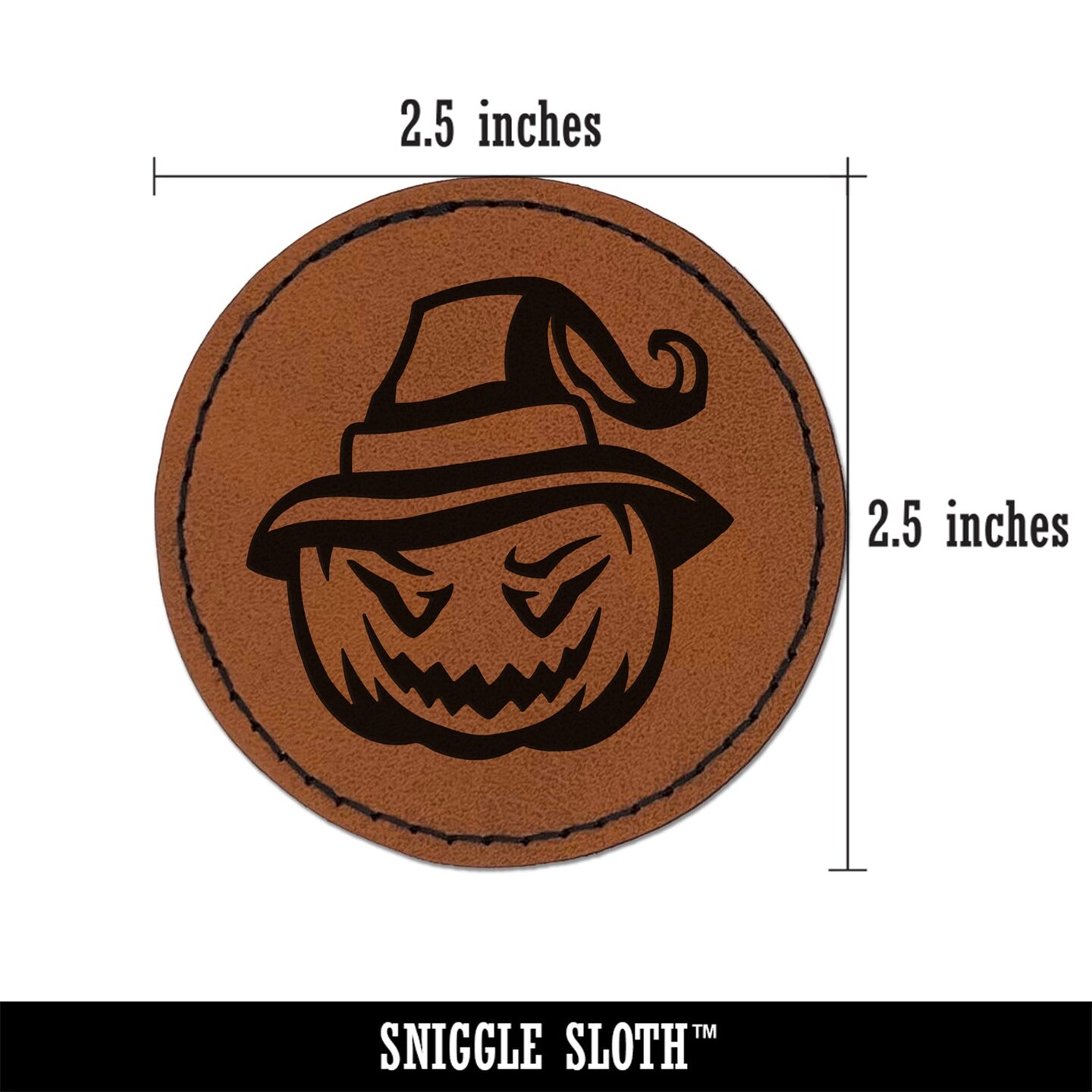 Jack-O&#x27;-Lantern Pumpkin Wearing Witch Hat Halloween Round Iron-On Engraved Faux Leather Patch Applique - 2.5&#x22;