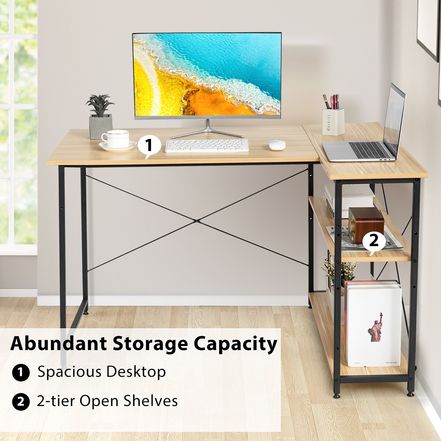 Costway 48&#x27;&#x27; Reversible L Shaped Computer Desk Home Office Table Adjustable Shelf Brown\Gray\Natural