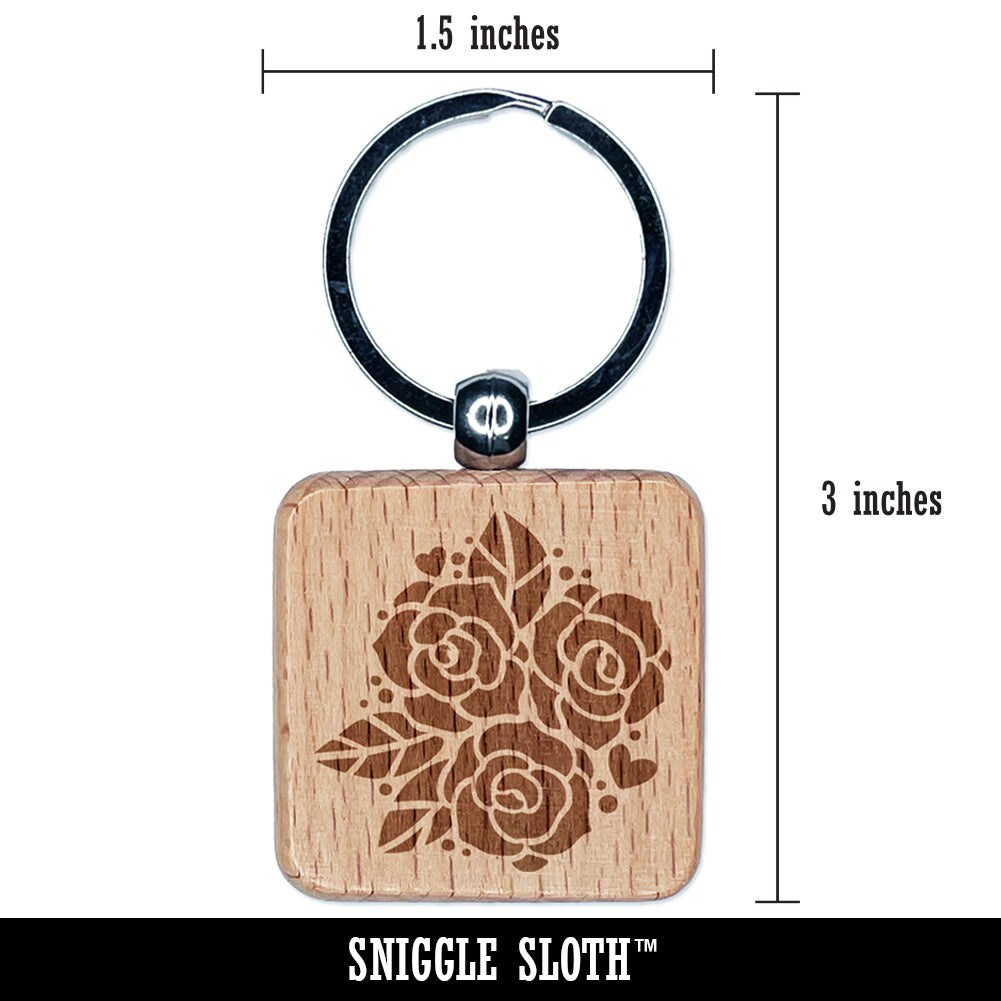 Rose Bundle Wedding Bouquet Engraved Wood Square Keychain Tag Charm