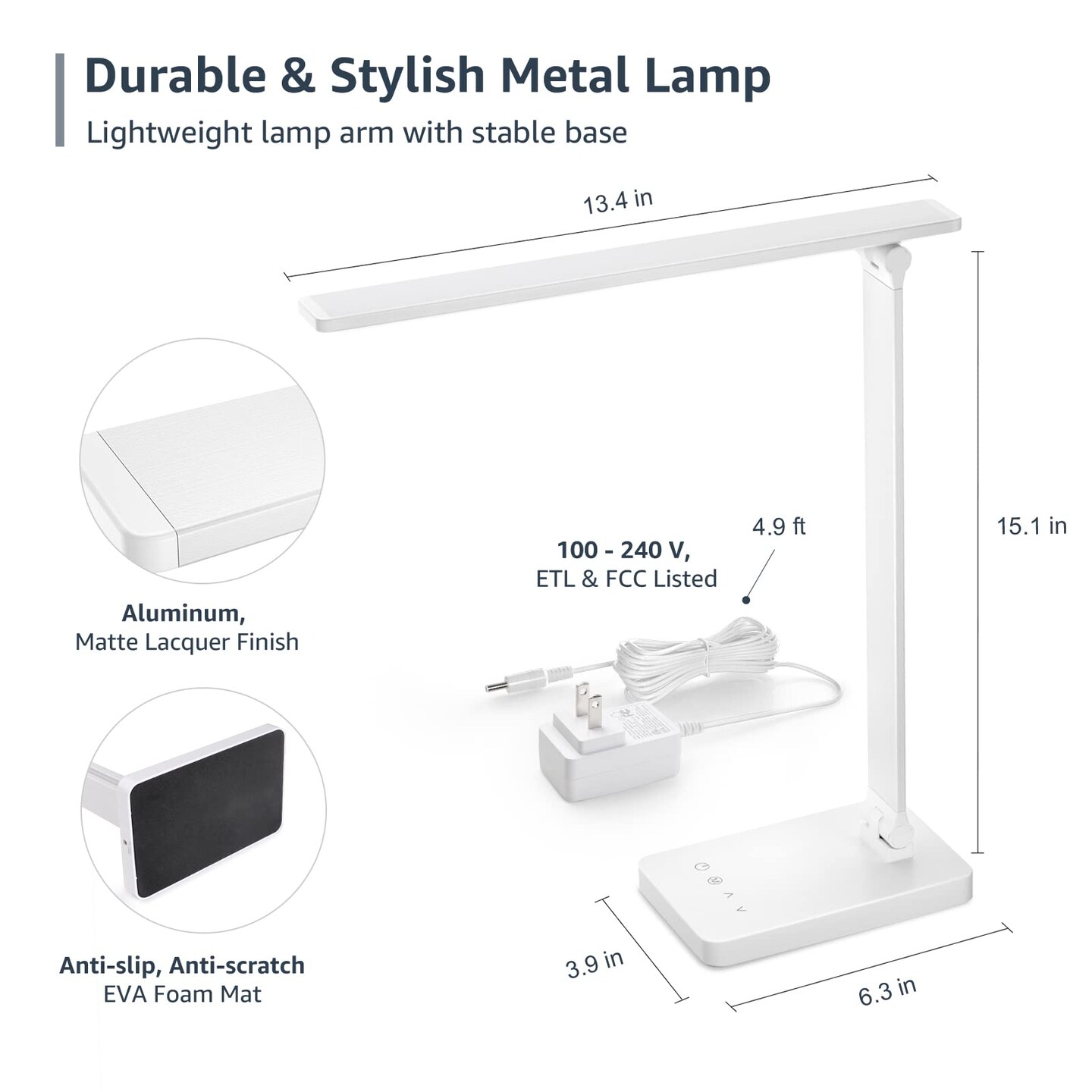 LED Desk Lamp with USB Charging Port Dimmable Home Office Touch Control Reading Table Lamp,3 Color Modes with 5 Brightness Level, School Dorm Room Essentials, Task Lamp, Sewing, Crafting, White