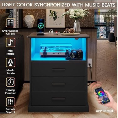Large Bedside Table with 3 Storage Drawers, Black Night Stand for Bedroom, Wider Tabletop