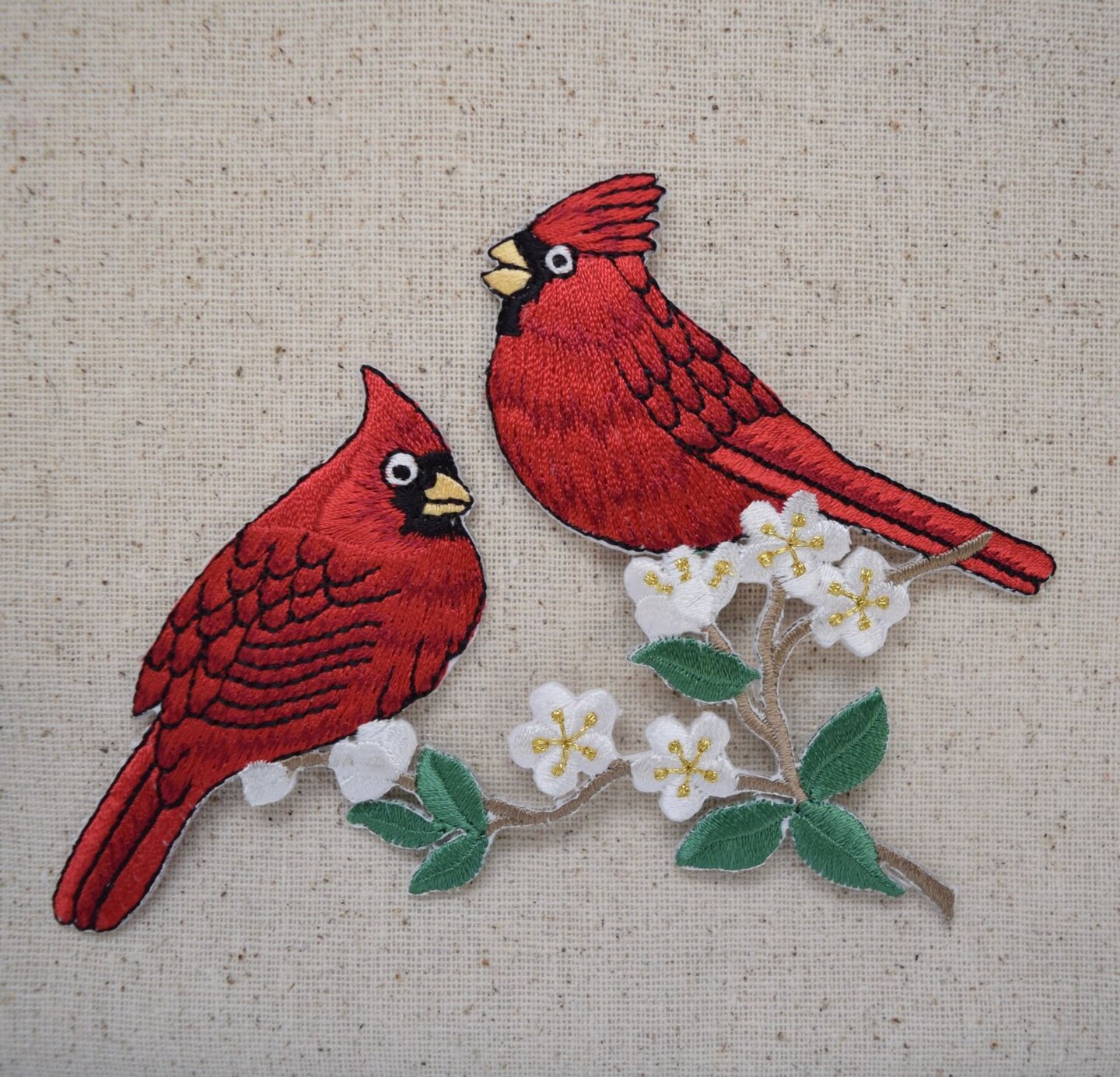 Two Cardinals on Tree Branch with Blossoms, Cardinal Red Bird, Embroidered Iron on Patch