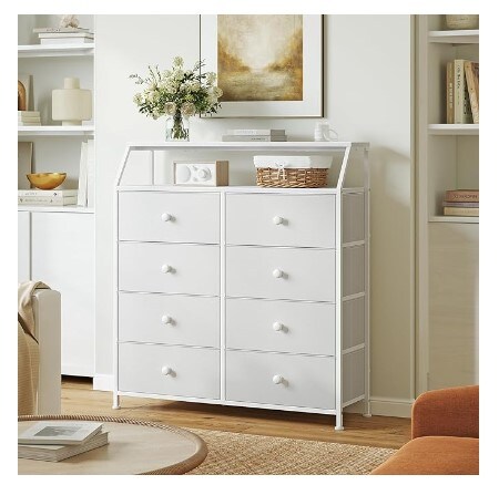 Bedroom Drawer Dresser with Shelves Large Capacity Organizer Tower for Closet with Faux Leather Chest of Drawers Tall Dressers for Living Room Hallway with Wood Top and Sturdy Steel Frame