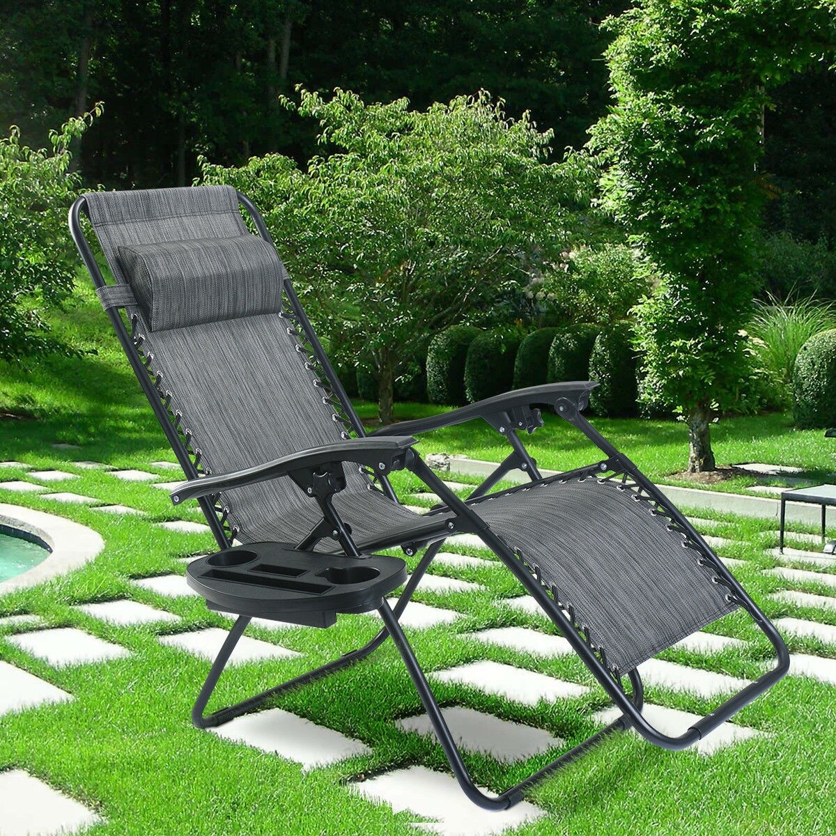 Outdoor Folding Zero Gravity Reclining Lounge Chair with Utility Tray