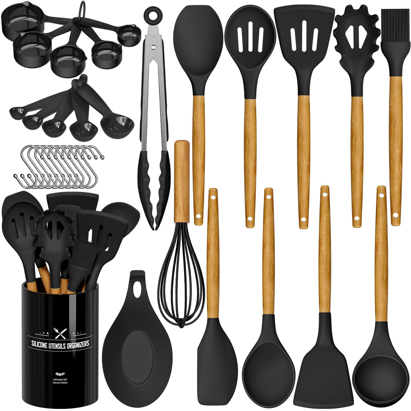 33 Pieces Chef Kitchen Cooking Utensils Set, Non-Stick Utensils Spatula Set with Holder, Black Wooden Handle Silicone Kitchen Gadgets