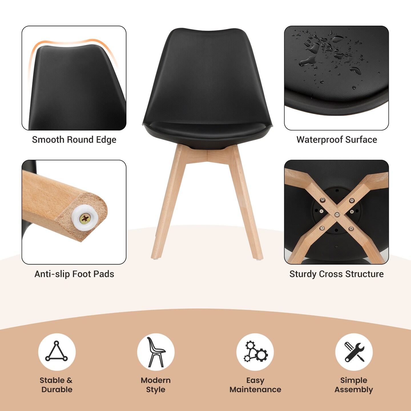 Set of 4 High Backrest Dining Side Chair with Ergonomic Seat and Solid wood Legs