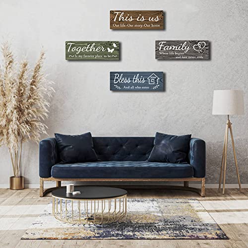 4 Pieces Home Wall Decor Signs, This is Us/ Together/ Bless this/ Family Rustic Wooden Wall Art with Quotes for Living Room Bedroom Kitchen Farmhouse Decor,Housewarming Gifts (Brown Green Grey Blue,