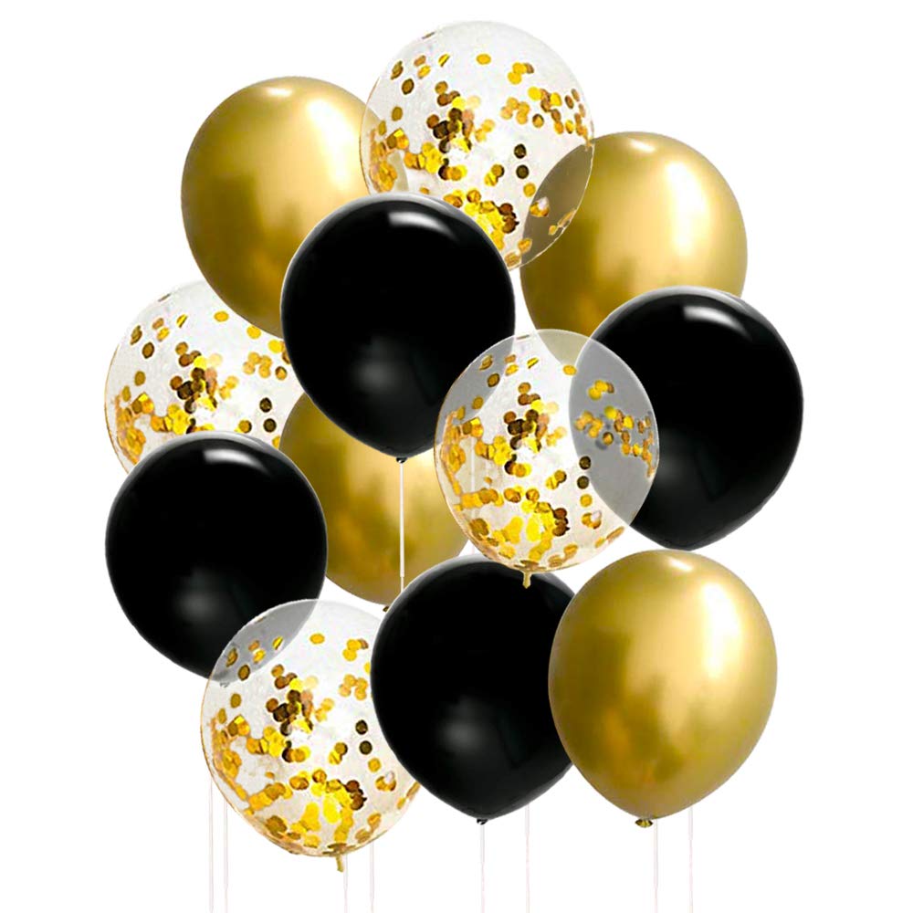 50 Pieces 12 Inches Black and Gold Balloons, Gold Confetti Balloons, Gold Metallic Latex Balloons for Birthday Party Decorations Graduation Balloon Garland Arch Kit, New Years Eve Decorations