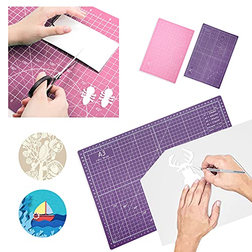 Self Healing Cutting Mat 18 inch x 12 inch Non-Slip PVC Double Sided 5-Ply A3 Art Craft Rotating Mat,Sewing Crafts Hobby Fabric Precision Scrapbooking Project(Pink/Purple)