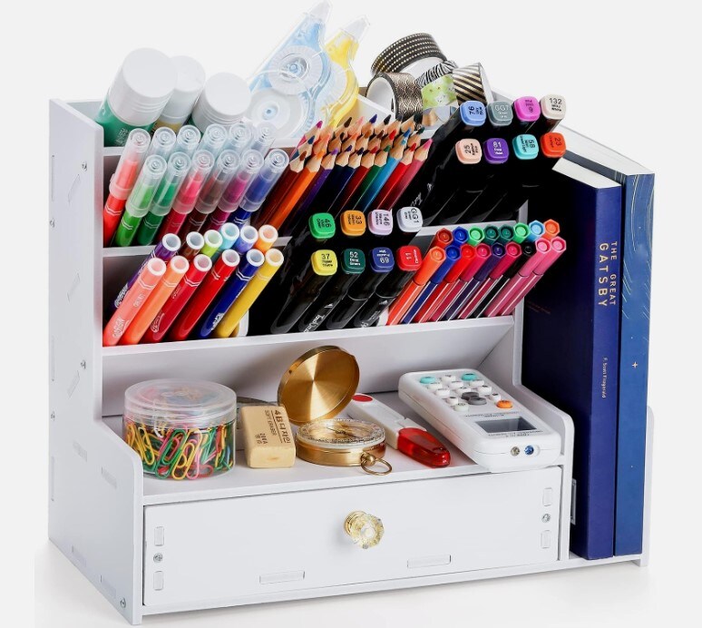 Desk Pen Holder, Desktop Stationery Organizer with 12 Compartments