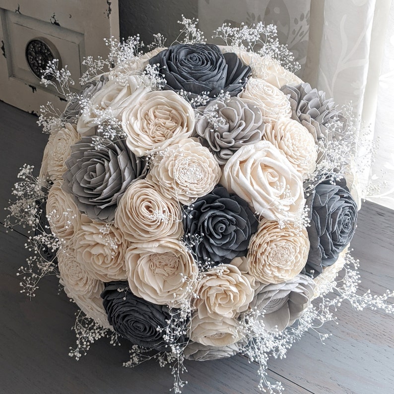 Charcoal, Light Gray, and Ivory Sola Wood Flower Bouquet with Baby's