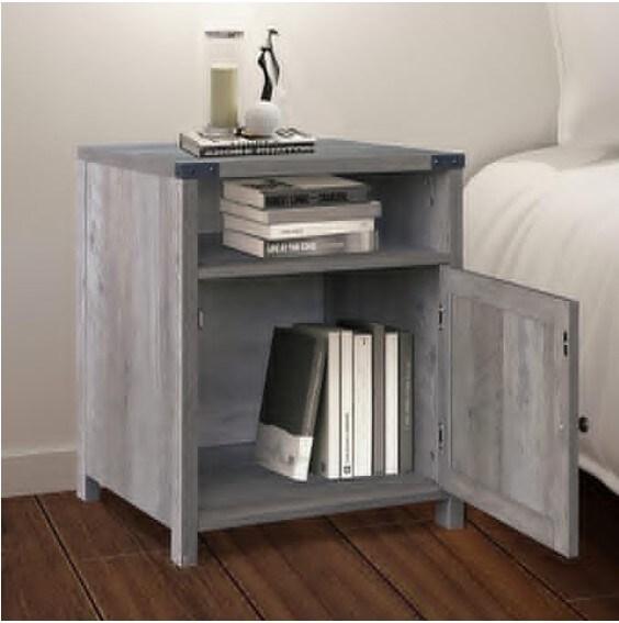 Nightstand, Farmhouse Bedside Table with Cabinet and Shelves, Washed Oak, 18 x 18 x 24 Inches