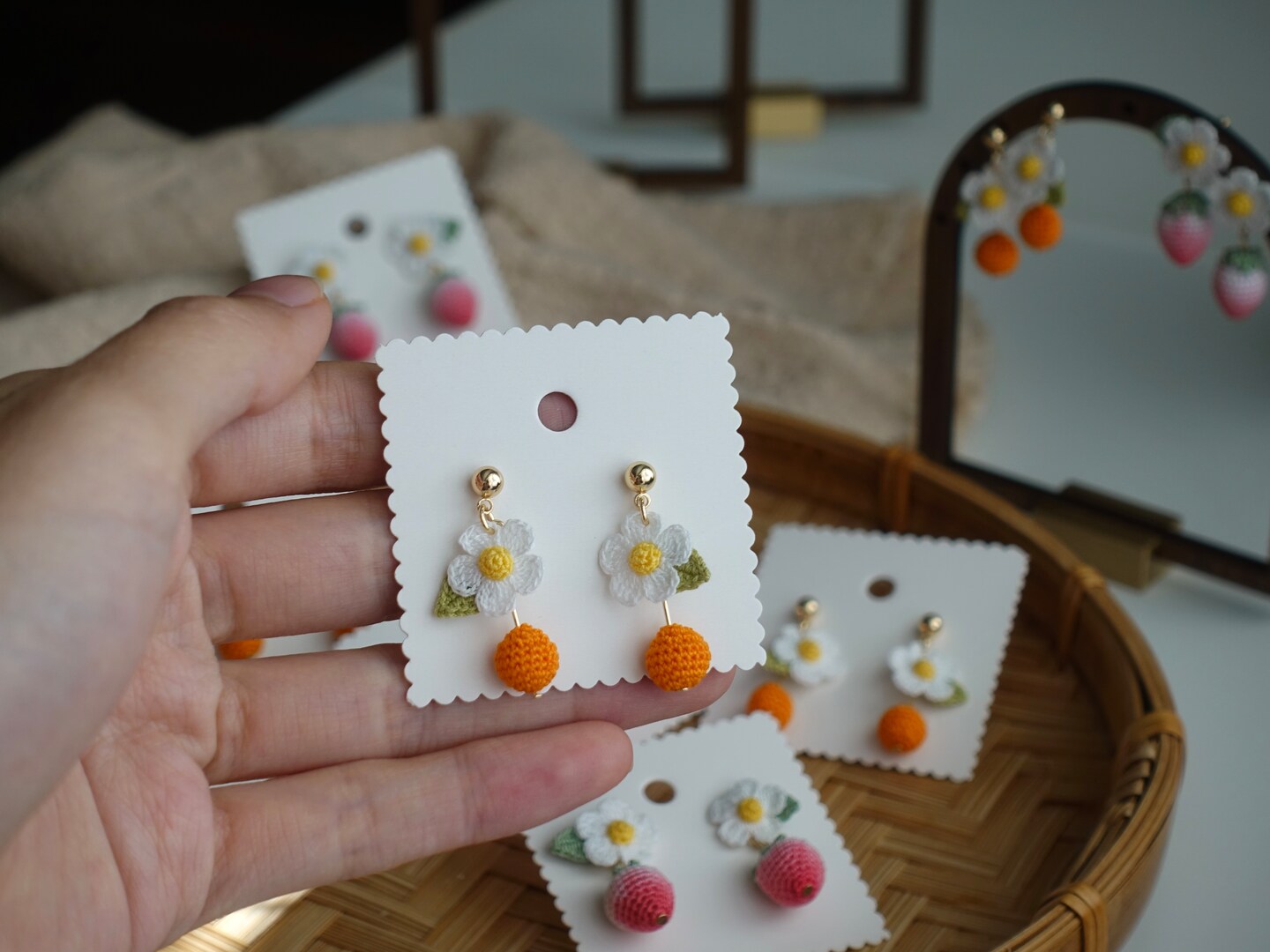 Micro Crochet Earrings, Strawberry Or Orange with flower and