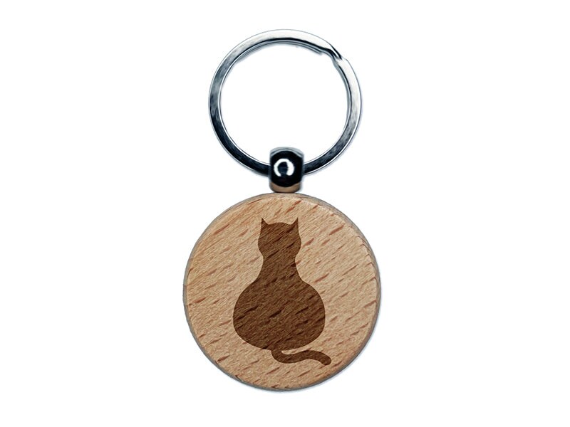 Cat Sitting Back Solid Engraved Wood Round Keychain Tag Charm