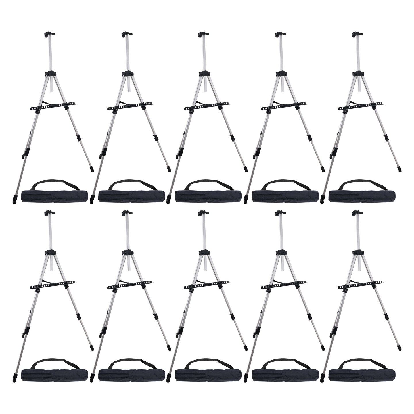 66 Sturdy Silver Aluminum Tripod Artist Field and Display Easel Stand, 10  Pack - Adjustable Height 20 to 5.5 Feet, Holds 32 Canvas - Floor Tabletop