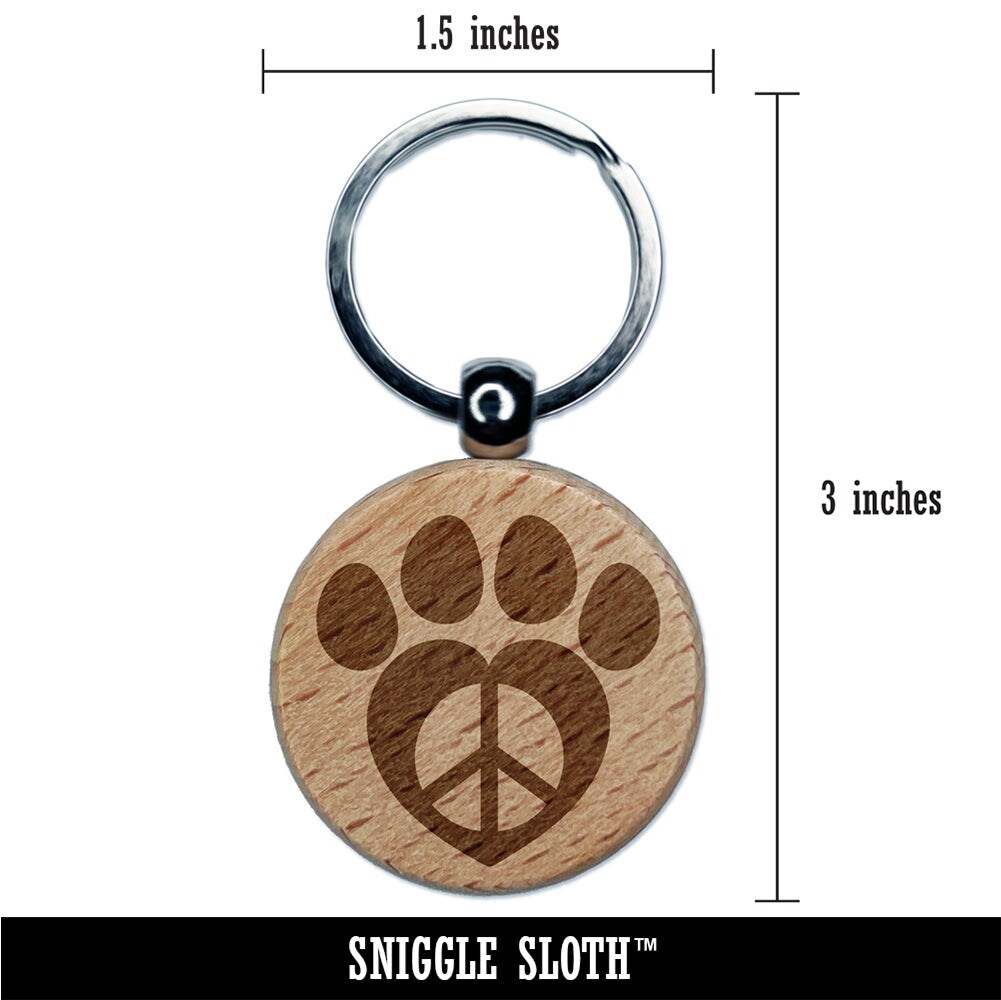 Paw Print Dog Cat Heart Peace Sign Engraved Wood Round Keychain Tag Charm