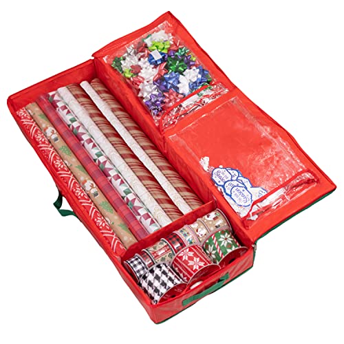 Gift Wrap Storage Organizer, Easily organize Wrapping Paper, Ribbons, Bows, Scissors, Fits 18-24 Standard Rolls, Keeps Gift Supplies in Perfect Condition & Ready for Next Season, (Red)