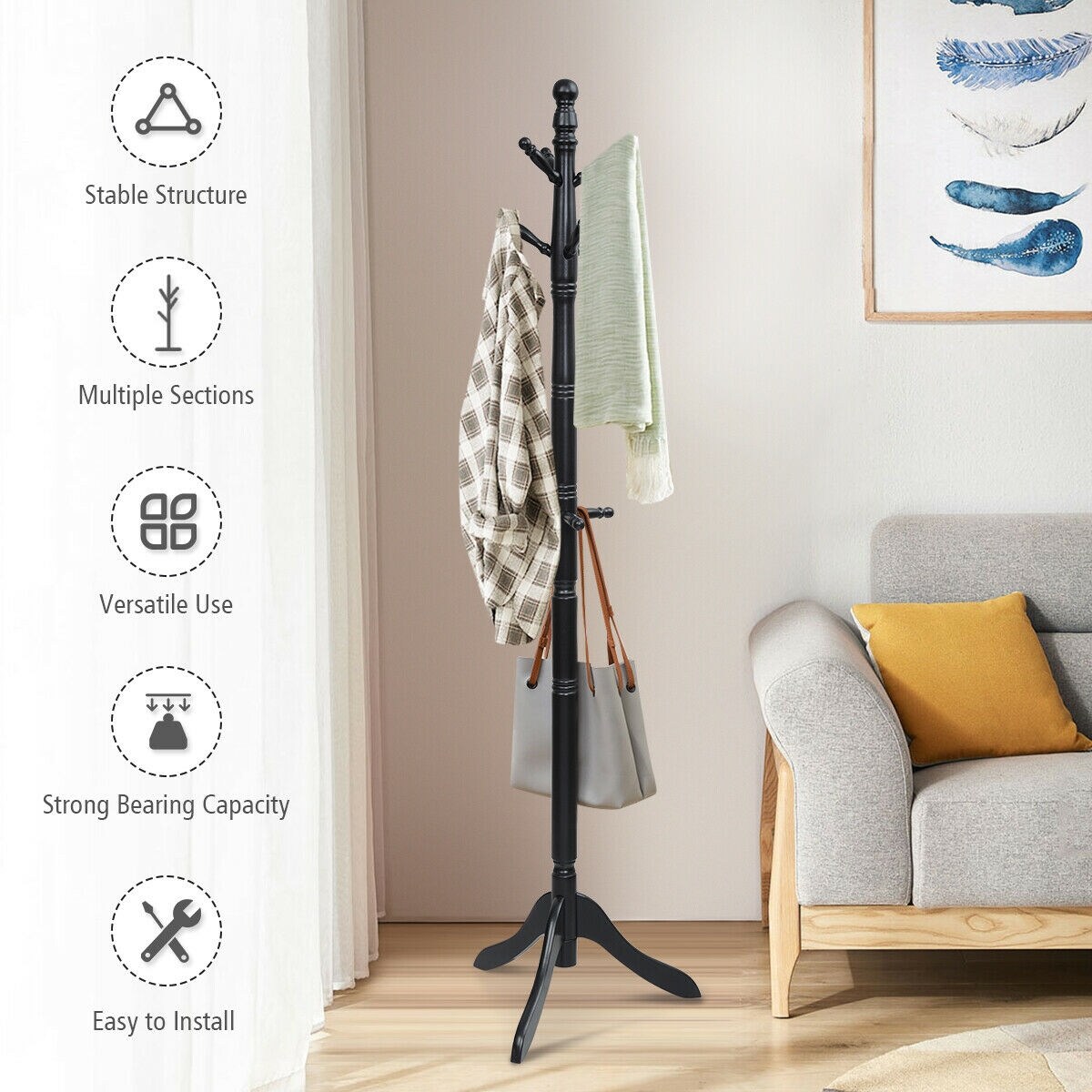 Adjustable Height Free Standing Wooden Coat Rack Tree Perfect for Any Room