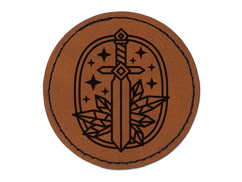 Magical Sword and Crystals Round Iron-On Engraved Faux Leather Patch Applique - 2.5&#x22;