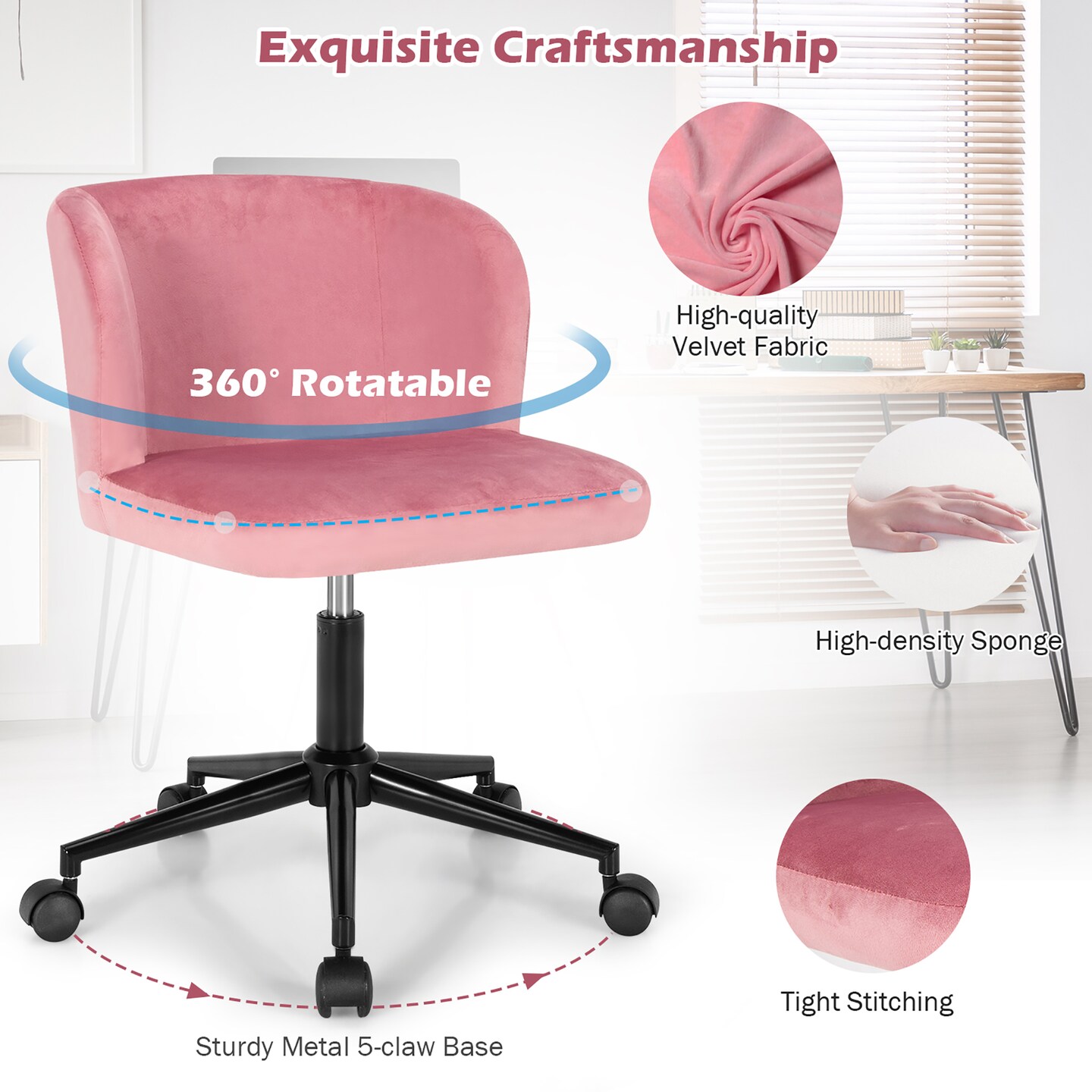Costway Velvet Home Office Leisure Vanity Chair Armless Adjustable Swivel Pink\Blue