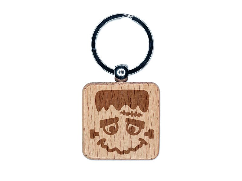 Halloween Frankenstein Face Engraved Wood Square Keychain Tag Charm