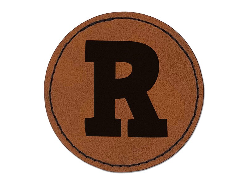 Letter R Uppercase Fun Bold Font Round Iron-On Engraved Faux Leather Patch Applique - 2.5"