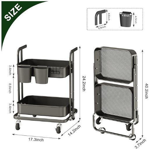 2 Tier Foldable Rolling Cart, Metal Utility Cart with Lockable Wheels, Folding Storage Trolley for Living Room, Kitchen, Bathroom, Bedroom and Office, Black
