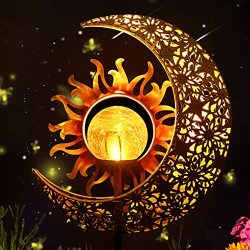 1 Pack Garden Solar Lights Outdoor Decorative, Sun & Moon Crackle Glass Globe Metal Stake Light, Waterproof Warm White LED Light, Decorations for Pathway Lawn Patio Courtyard Backyard