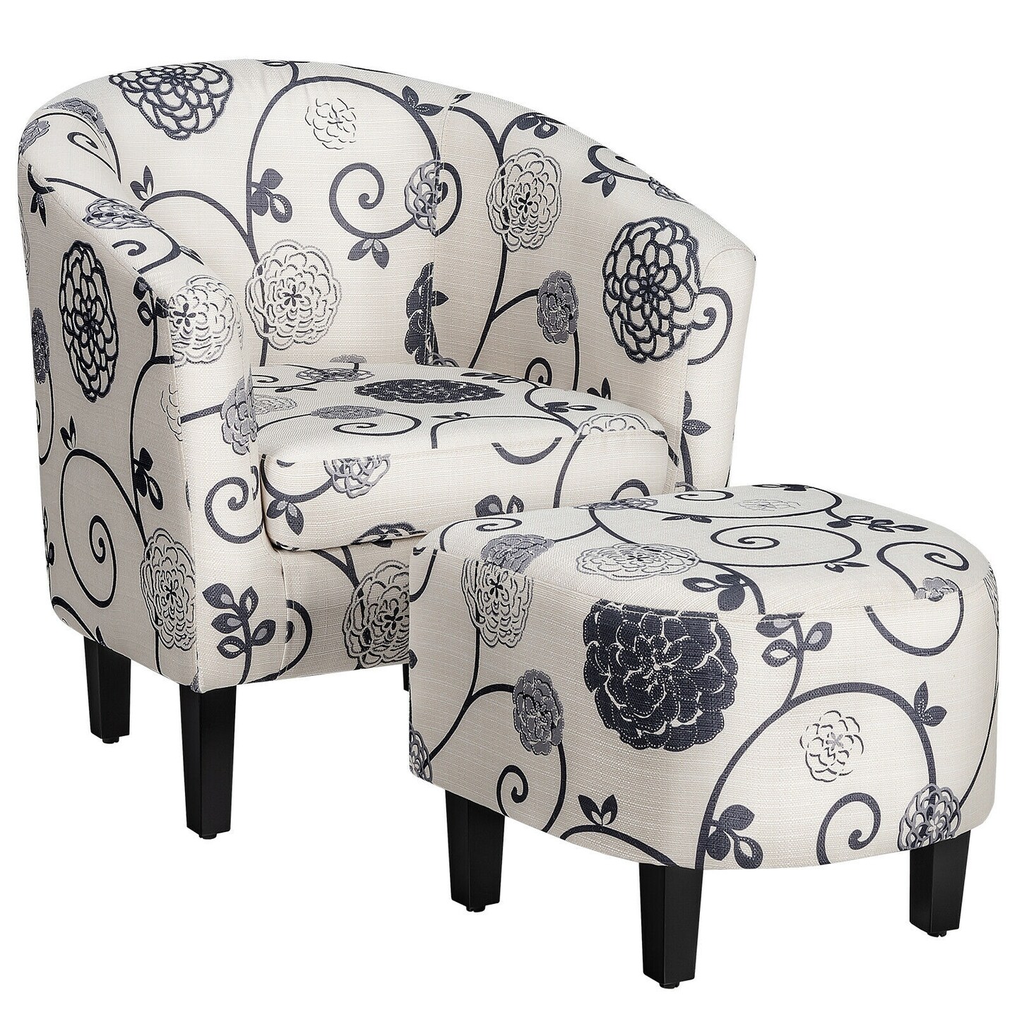 Modern Accent Tub Chair and Ottoman Set with Fabric Upholstered-Grey