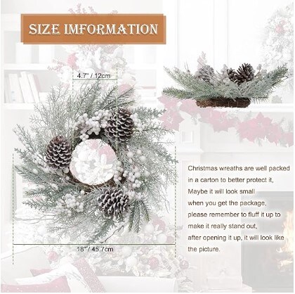 16-18&#x22; Frosted Door Wreath Winter Wreath with Glitter Berries on Big Pine Cones Christmas Wreaths for Indoor and Outdoor Table Fireplaces Walls on the Porch Home Decoration Window Wreaths