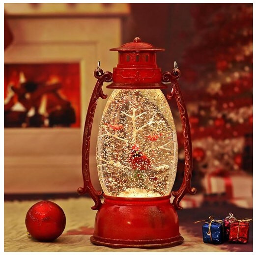 Cardinal Christmas Snow Globes, Swirling Glitter Hanging Snow Globe for Gift and Home Decor, 6H Timer Lighted Christmas Lantern with Music