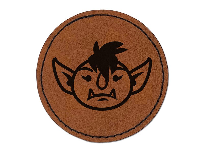 Goblin Female Character Face Round Iron-On Engraved Faux Leather Patch Applique - 2.5&#x22;
