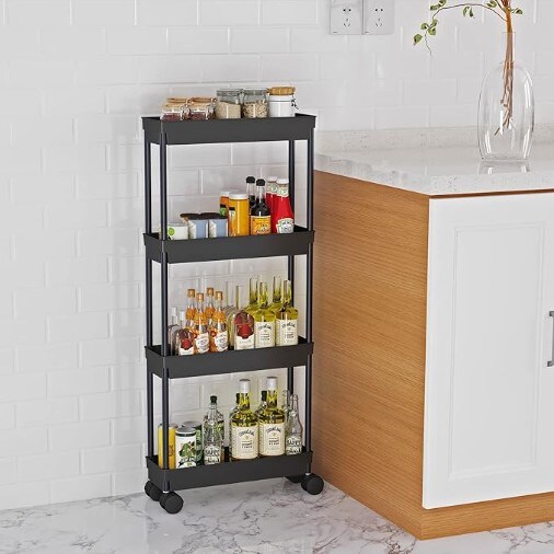 4 Tier Slim Storage Cart, Rolling Storage Cart, Narrow Shelf, Bathroom Rack, Mobile Shelving Unit Organizer for Kitchen, Bathroom, and Laundry Room, Black.