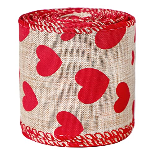 2.5" x 5.5 Yards Red Heart Printed Valentine's Day Burlap Ribbon Wired Edge Ribbon
