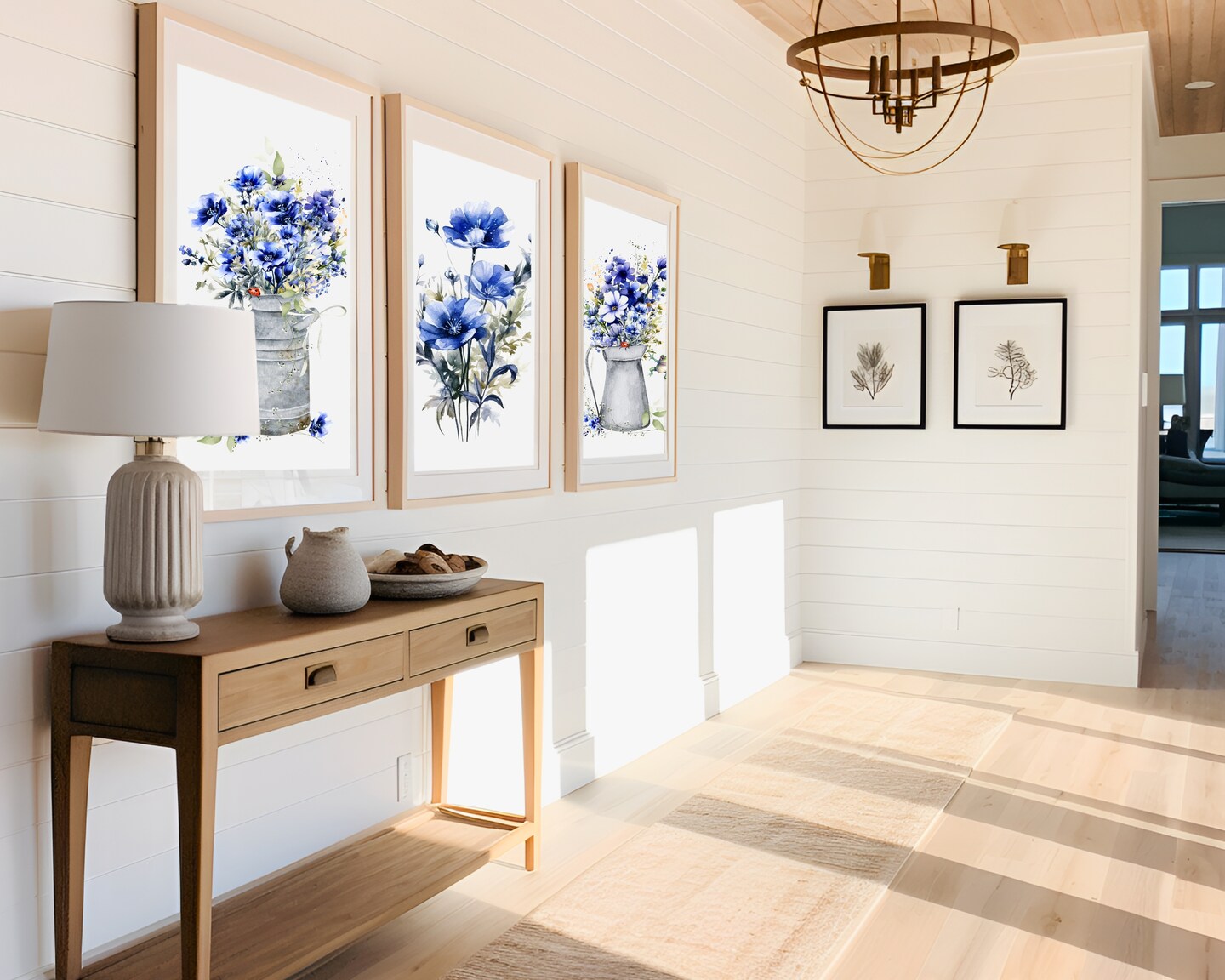 Blue Floral Wall Art, Blue Watercolor Botanical Print, Set of 3