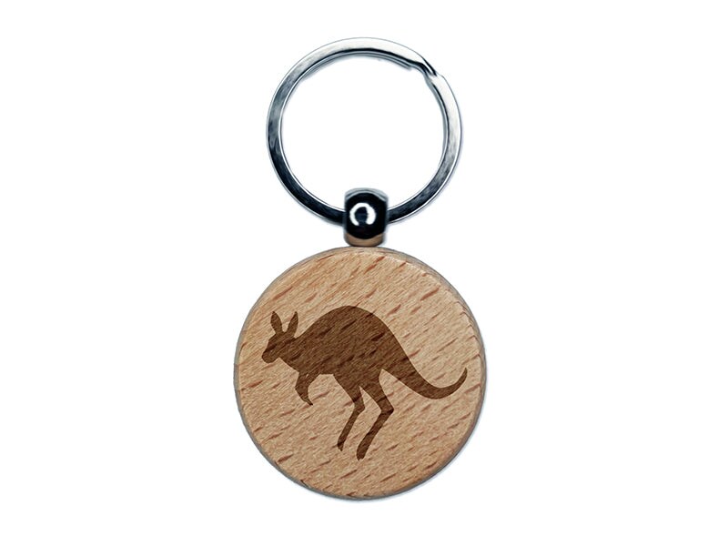 Leaping Red Kangaroo Silhouette Australian Marsupial Engraved Wood Round Keychain Tag Charm