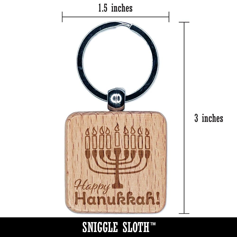 Happy Hanukkah with Menorah Engraved Wood Square Keychain Tag Charm