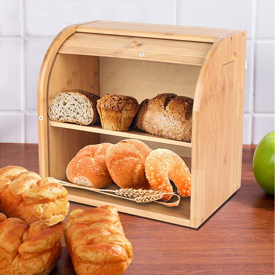 Kitcheniva Bamboo Wood Bread Box With Lid Kitchen Storage Containers 2-Layer