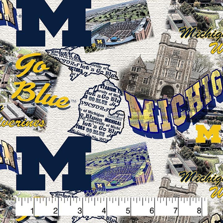 Sykel Enterprises-University of Michigan Cotton Fabric-Michigan Wolverines Scenic Map Cotton Quilting Fabric