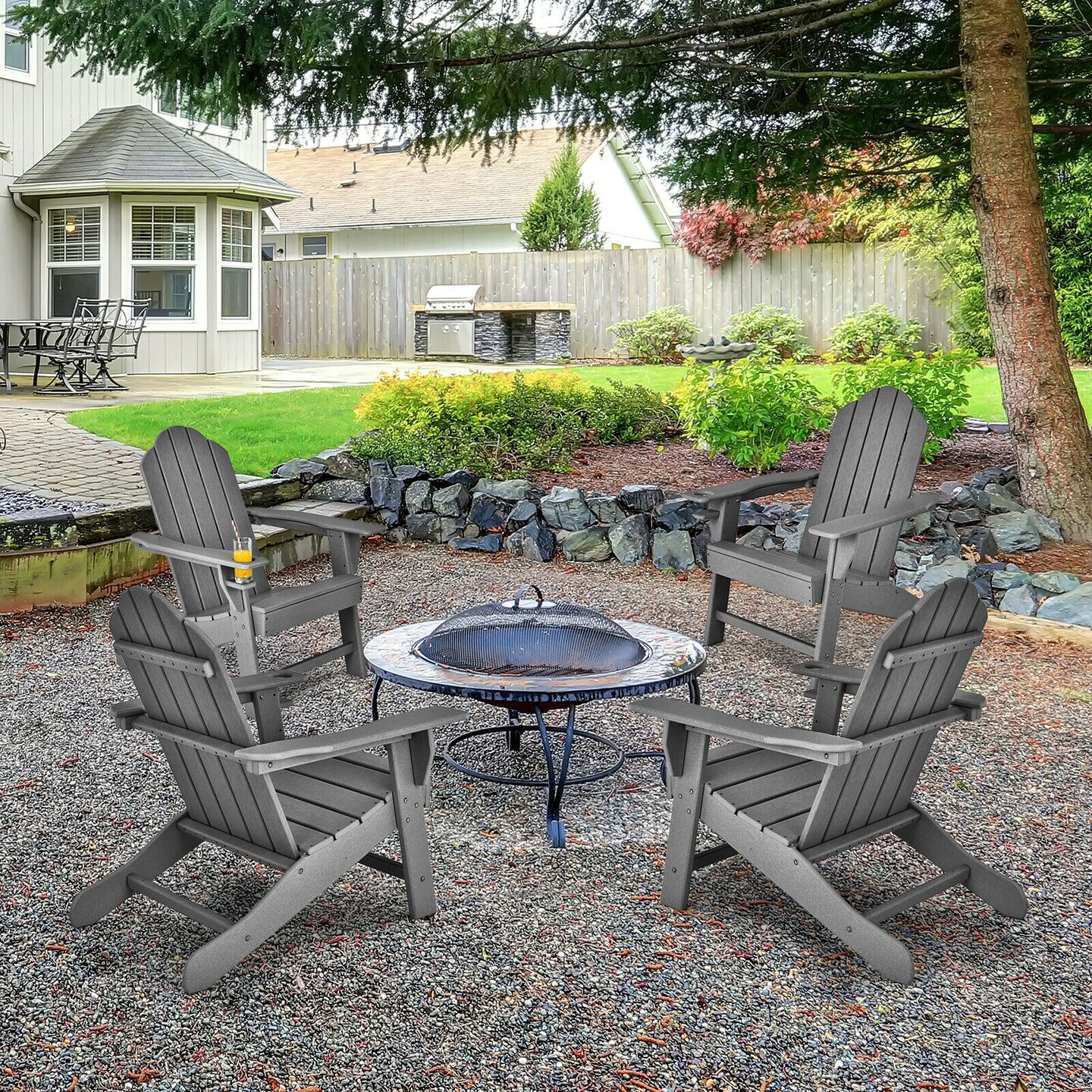 Outdoor Adirondack Chair with Built-in Cup Holder for Backyard and Porch