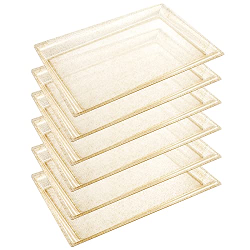 I00000 6 Pack Gold Glitter Plastic Serving Tray, 15&#x22; x 10&#x22; Crooked Food Trays, Clear Disposable Serving Platter for Parties, Weddings