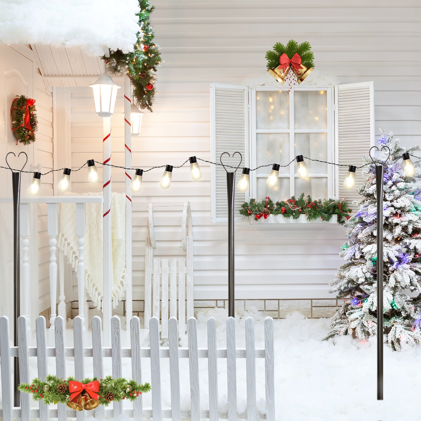 Set of 6 RC String Light Pole; 9 FT Lighting Stand ; LED Solar Bulbs for Parties; Christmas
