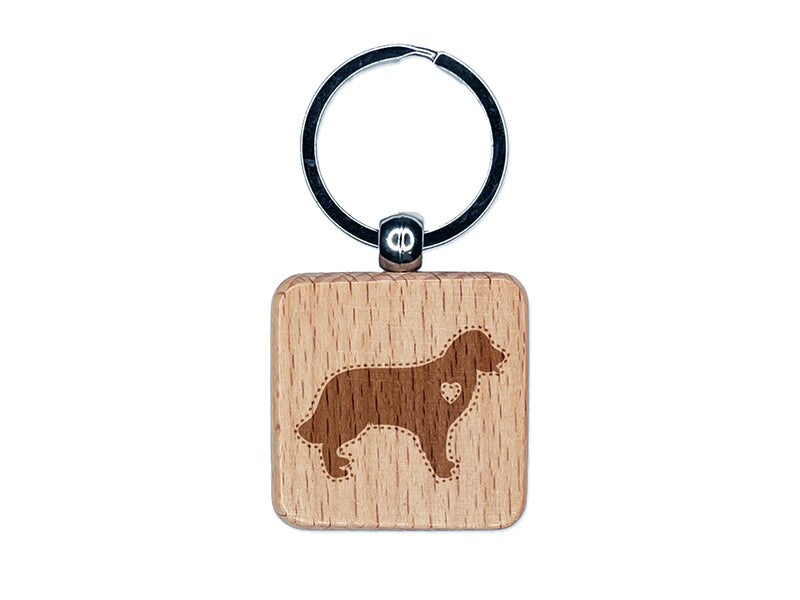 Golden Retriever Dog with Heart Engraved Wood Square Keychain Tag Charm
