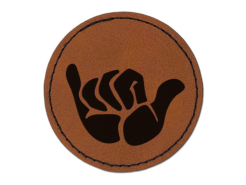 Shaka Hang Loose Surfer Sign Round Iron-On Engraved Faux Leather Patch Applique - 2.5&#x22;