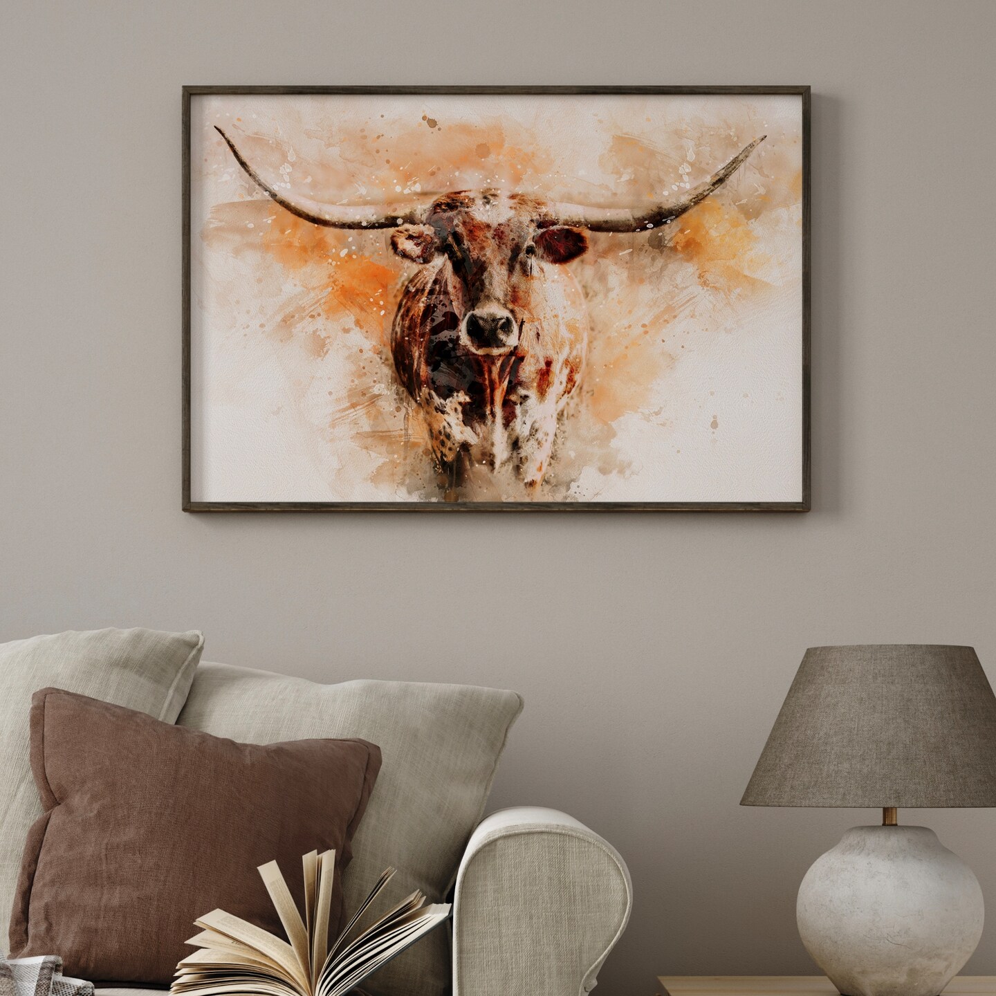 Watercolor Longhorn canvas wall art, modern western decor, art for